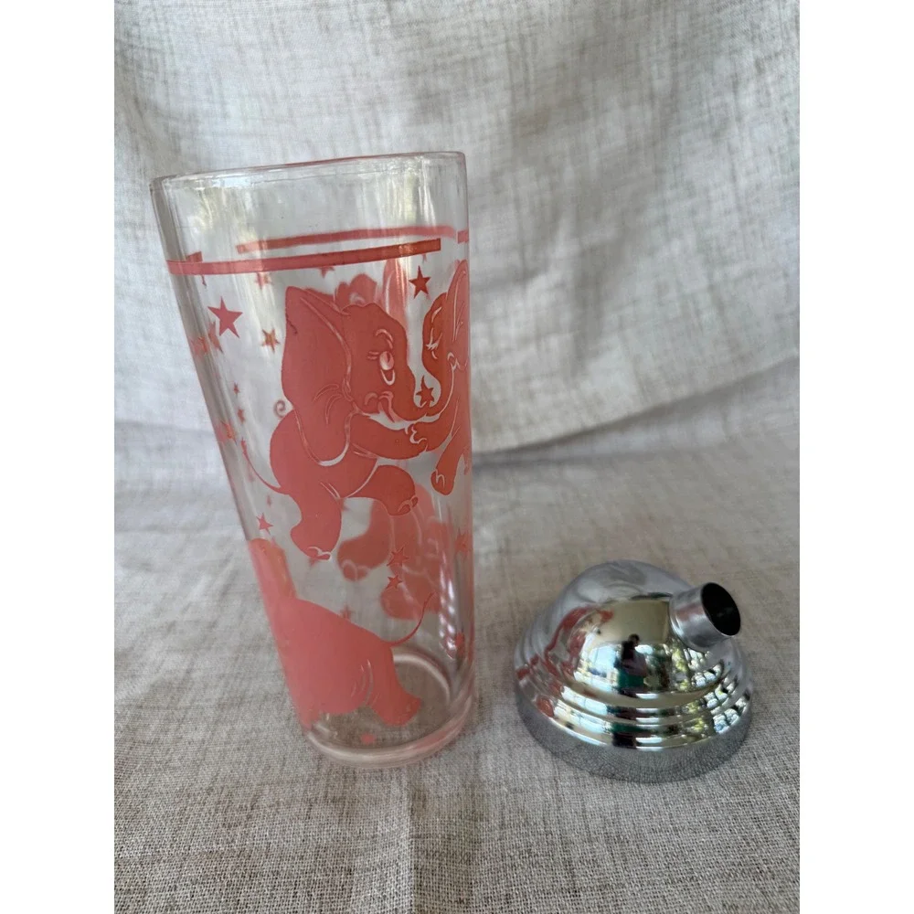 Hazel Atlas 40s Glass Cocktail Shaker Pink MCM Dancing Elephant Glass Md Century